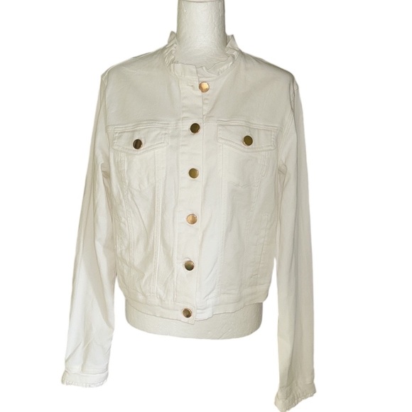 Draper James White Denim Ruffle Trim Cropped Jean Jacket - L - Picture 6 of 15